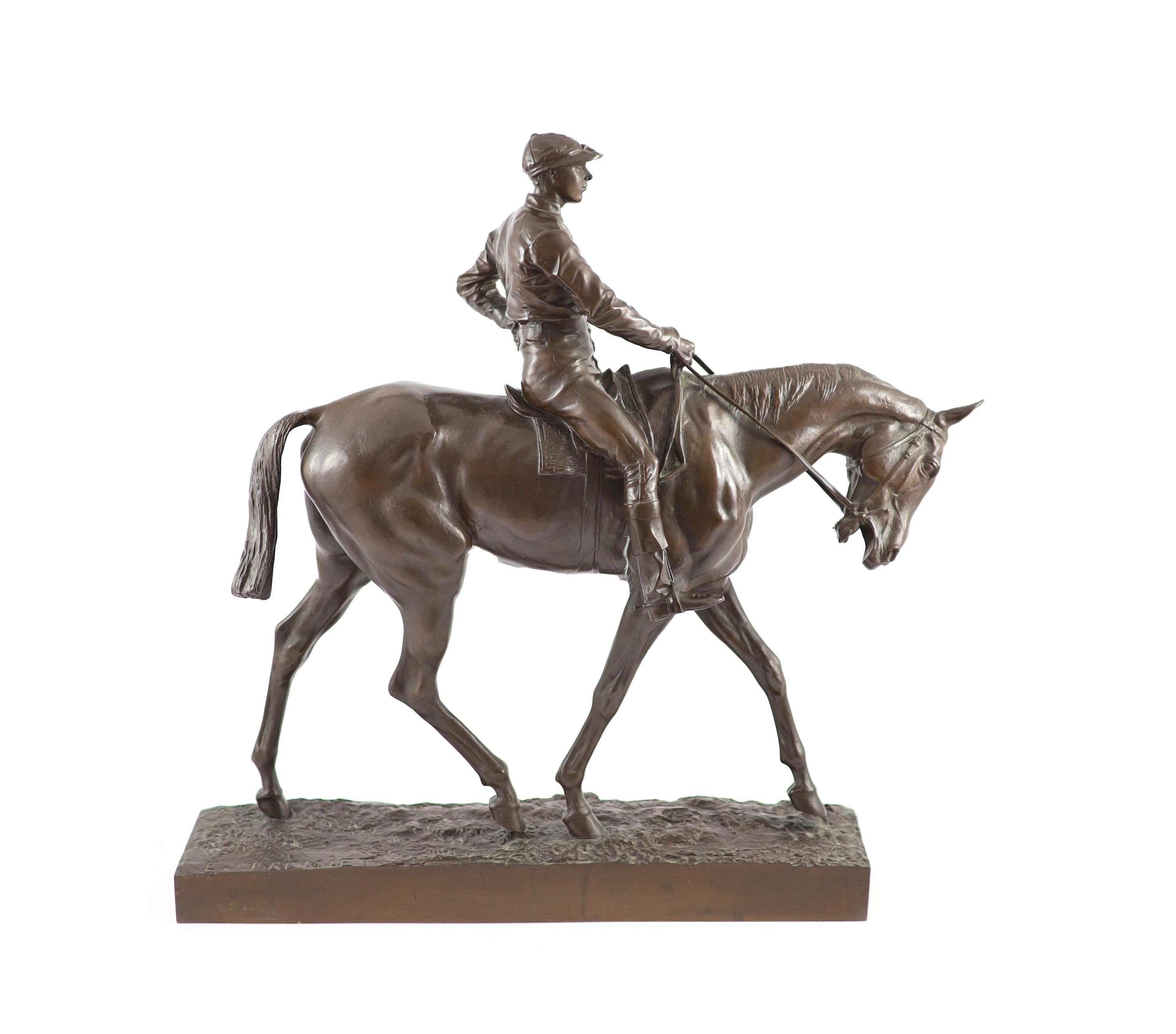 Emanuel Fremiet (1824-1910), a bronze model of a horse and jockey, H 44.5cm. L 46cm.
